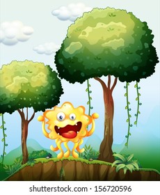 Illustration of a smiling monster at the forest near the cliff