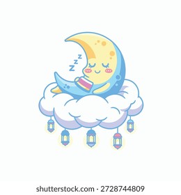 Ilustración de una luna sonriente que descansa en una nube esponjosa con linternas