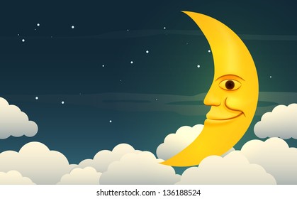 Illustration of a smiling moon in the starry night sky among the clouds. EPS10 vector.