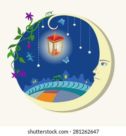 Illustration of a smiling moon in the starry night sky with a lantern