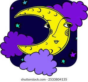 illustration of smiling moon with stars and clouds
