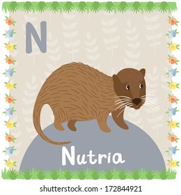 Illustration of smiling nutria on the background with floral elements. Vector card of animal alphabet