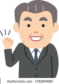 Ilustración de un viejo trabajador sonriente con un traje de puño apretado