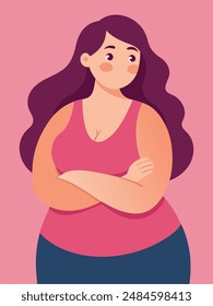 Illustration of smiling overweight woman with crossed arms, showing body parts