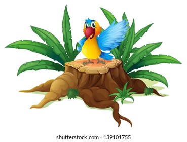 Illustration of a smiling parrot on a stump on a white background