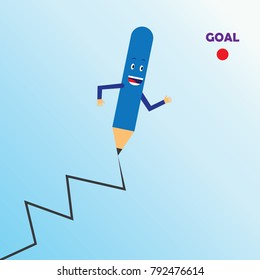 illustration of smiling pencil create a successful line, goal line