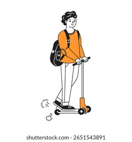 Ilustração de uma pessoa sorridente montando uma scooter usando um suéter laranja com uma mochila. Simples arte de linha com um fundo branco e vibração alegre.