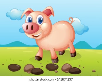 Illustration of a smiling pig near the stones