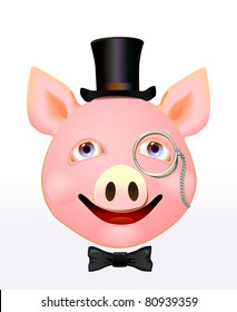 Illustration of smiling PIG-gentleman in a HAT, a TIE-butterfly and MONOCLE. Vector.