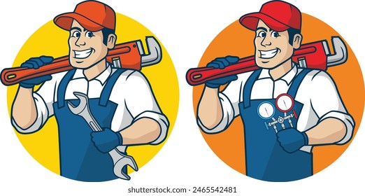 Ilustración de fontanería sonriente y técnico de HVAC.