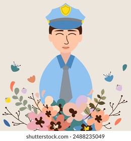 Illustration of smiling policeman with flowers