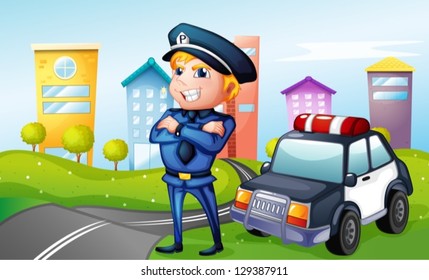 Illustration of a smiling policeman at the road