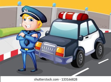 Illustration of a smiling policeman standing in front of a police car