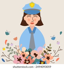 Illustration of smiling policewoman with flowers