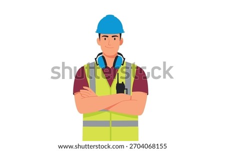 Illustration of a smiling professional construction worker in hard hat and safety vest.