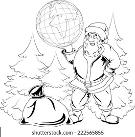 Illustration of smiling Santa Claus holding a globe