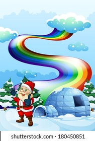 Illustration of a smiling Santa near the igloo with a rainbow in the sky