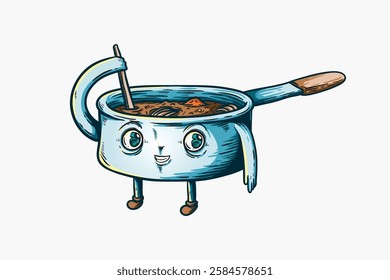Illustration of a smiling saucepan with eyes and arms, stirring noodles. Cartoon saucepan with noodles, cheerful and animated. Cute saucepan character cooking. Vector isolated on white.