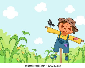 Illustration of a Smiling Scarecrow in a Corn Farm