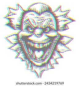 Illustration smiling scary clown. Chess pattern shadow effect.