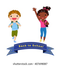 illustration of smiling school boy and girl waving hands for back to school banner or poster design