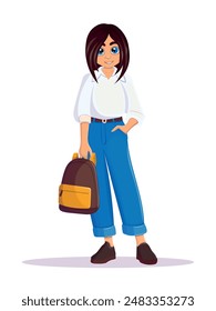 An illustration of a smiling schoolgirl with blue eyes, long brown hair and a white shirt walking to school with a backpack again.