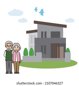 Illustration of a smiling senior couple standing in front of their own home. Vector illustration on white background.