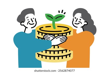 Illustration of a smiling senior couple thinking about their life plan, saving, saving and investing money through household management_pension and retirement money