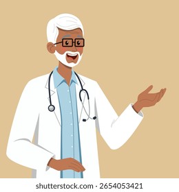 Ilustração de um médico sênior sorridente vestindo um casaco branco e estetoscópio, gesticulando com uma mão como se explicasse ou desse conselhos. Ideal para temas de saúde e médicos.