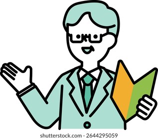Illustration of a smiling senior man in a suit holding a beginner's mark