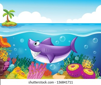 Illustration of a smiling shark under the sea with corals