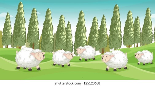 Illustration of smiling sheeps in a beautiful nature
