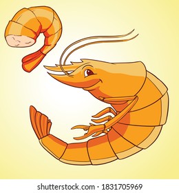 an illustration of smiling shrimp, fried shrimp, cartoon