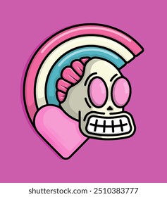 Illustration of smiling skull with brains strewn across a rainbow love heart behind it. Can be used for birthdays, parties, Valentine Day, celebrations and printed on t-shirts, hoodies, tote bags