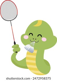 Illustration of a smiling snake playing badminton