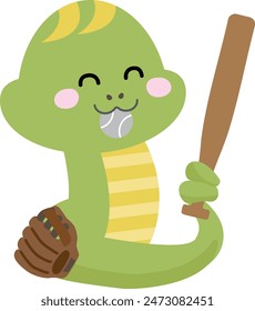 Illustration of a smiling snake playing baseball