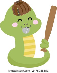 Illustration of a smiling snake playing baseball