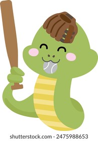 Illustration of a smiling snake playing baseball