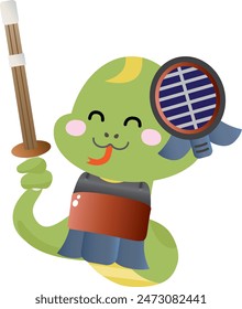 Illustration of a smiling snake wearing Kendo armor