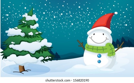 Illustration of a smiling snowman near the pine tree