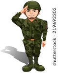 Illustration of a smiling soldier doing a hand salute on a white background  