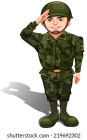 Illustration of a smiling soldier doing a hand salute on a white background  