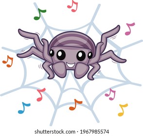 Illustration of a Smiling Spider Mascot on Web Raising Its Legs and Dancing to Music