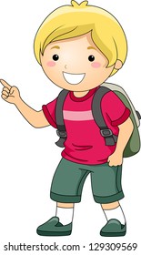 Illustration of a Smiling Student Boy Pointing His Fingers