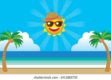 Illustration of smiling sun face and blue sky and palm trees, summer image, vector data