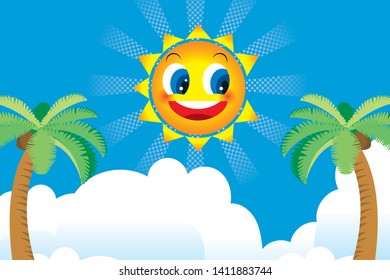 Illustration of smiling sun face and blue sky and palm trees, summer image, vector data