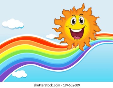 Illustration of a smiling sun near the rainbow