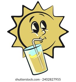 illustration of a smiling sun vintage character mascot with a funny face drinking a glass of fresh juice