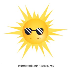 Illustration of a smiling sun wearing sunglasses. Eps 10 Vector.