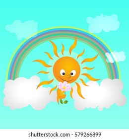 Illustration of a smiling sun, which extends hands to give a flower